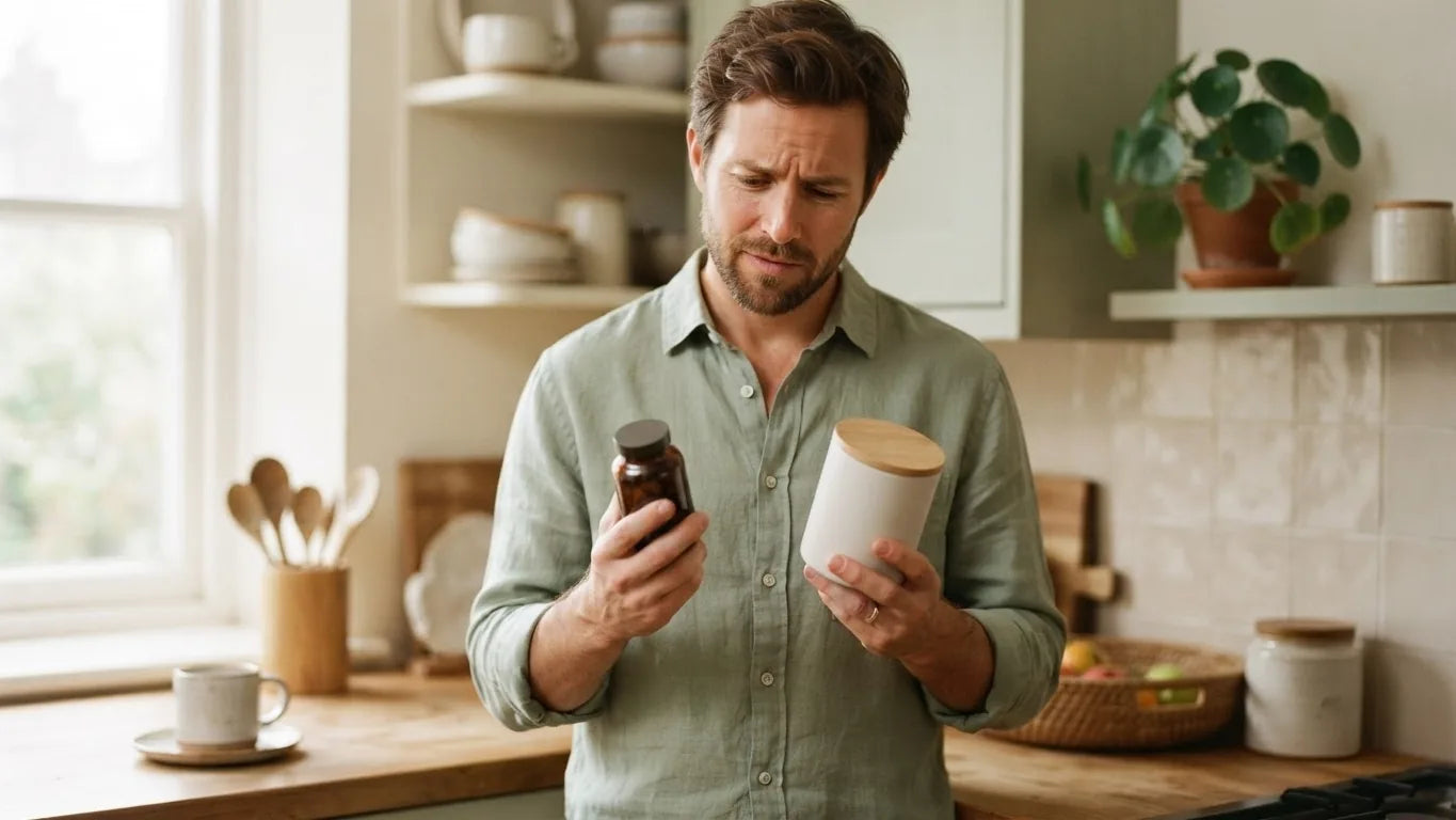 Person comparing two unbranded supplement containers