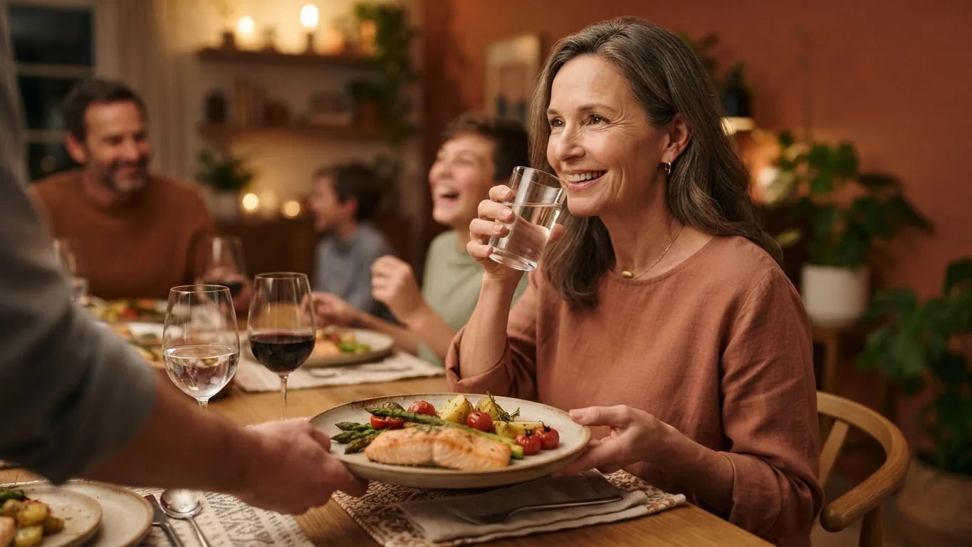 Woman taking a capsule at the start of a protein-rich dinner