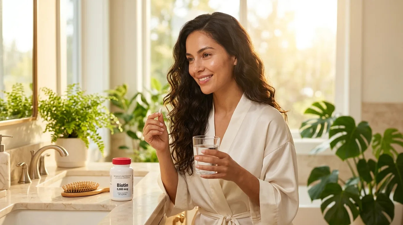 Woman with healthy hair taking a biotin capsule with water
