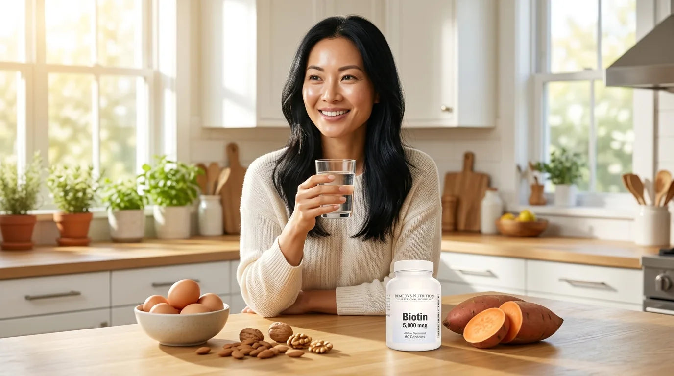 Energized woman with healthy hair and skin from biotin benefits