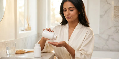 Woman taking her daily biotin capsule in a sunlit bathroom