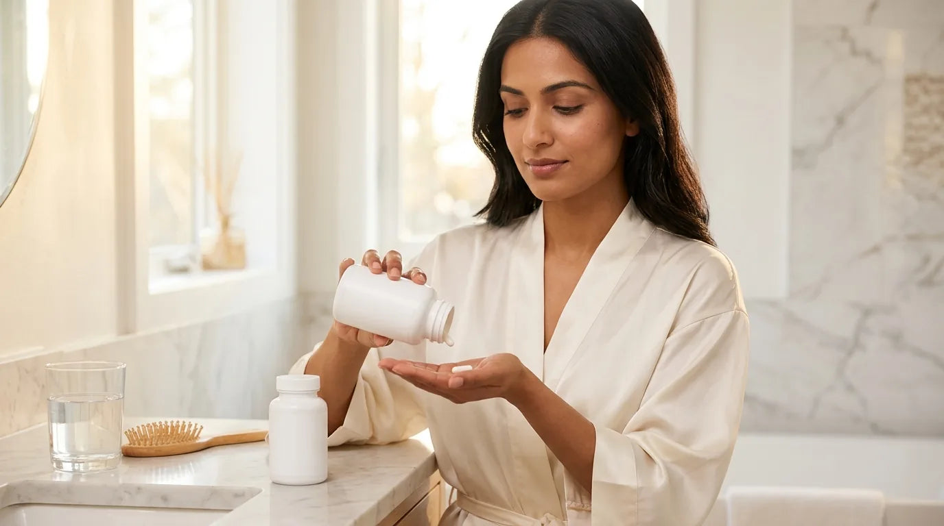 Woman taking her daily biotin capsule in a sunlit bathroom