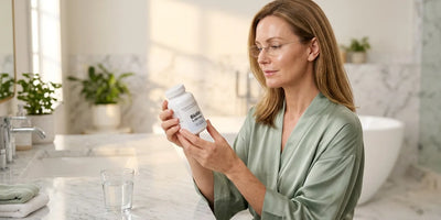 Woman carefully reviewing biotin supplement facts