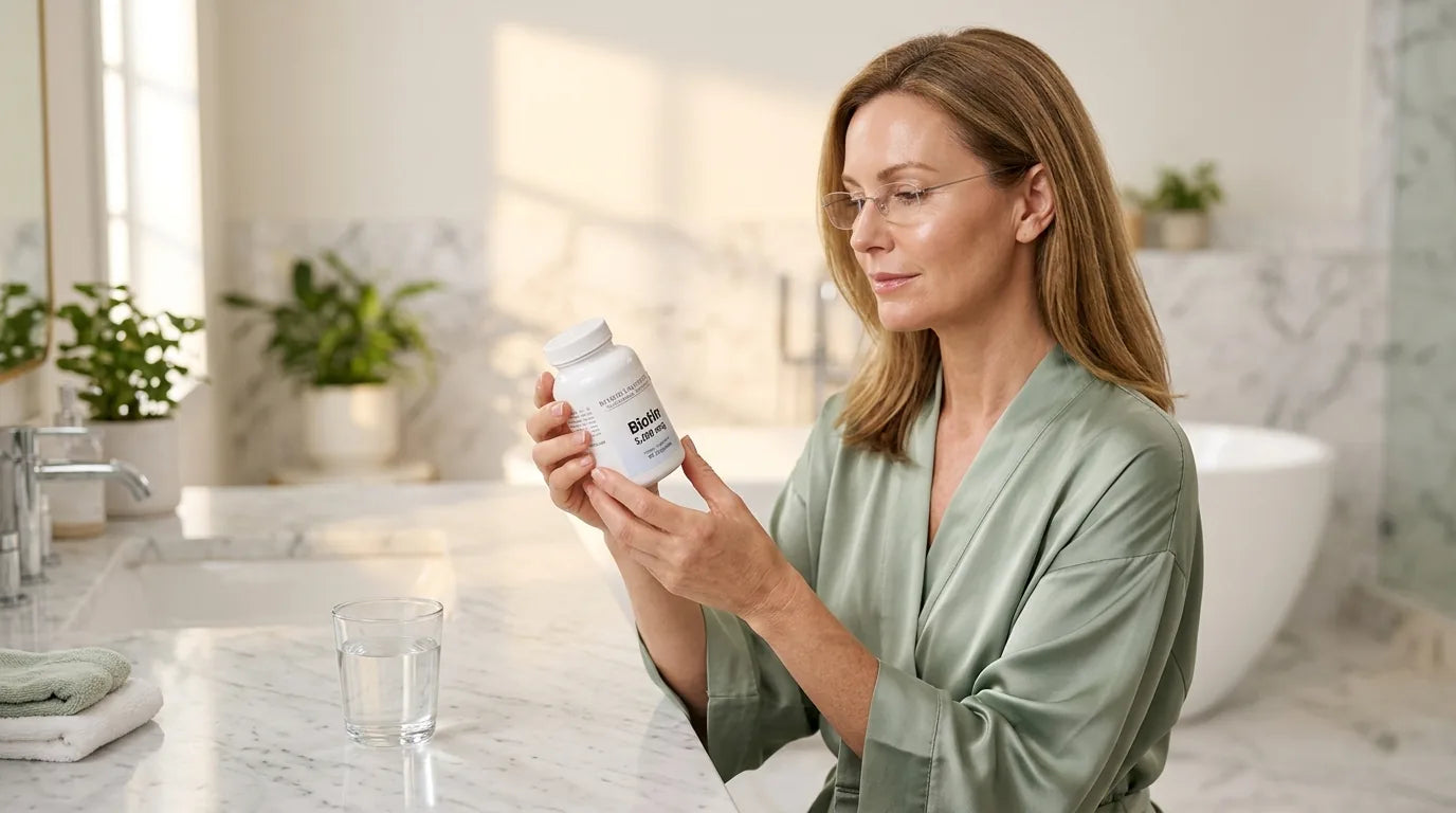 Woman carefully reviewing biotin supplement facts