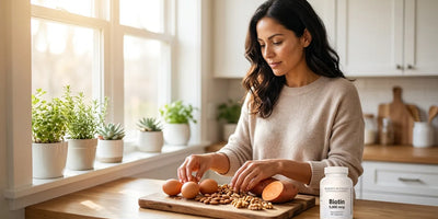 Health-aware woman preparing biotin-rich foods