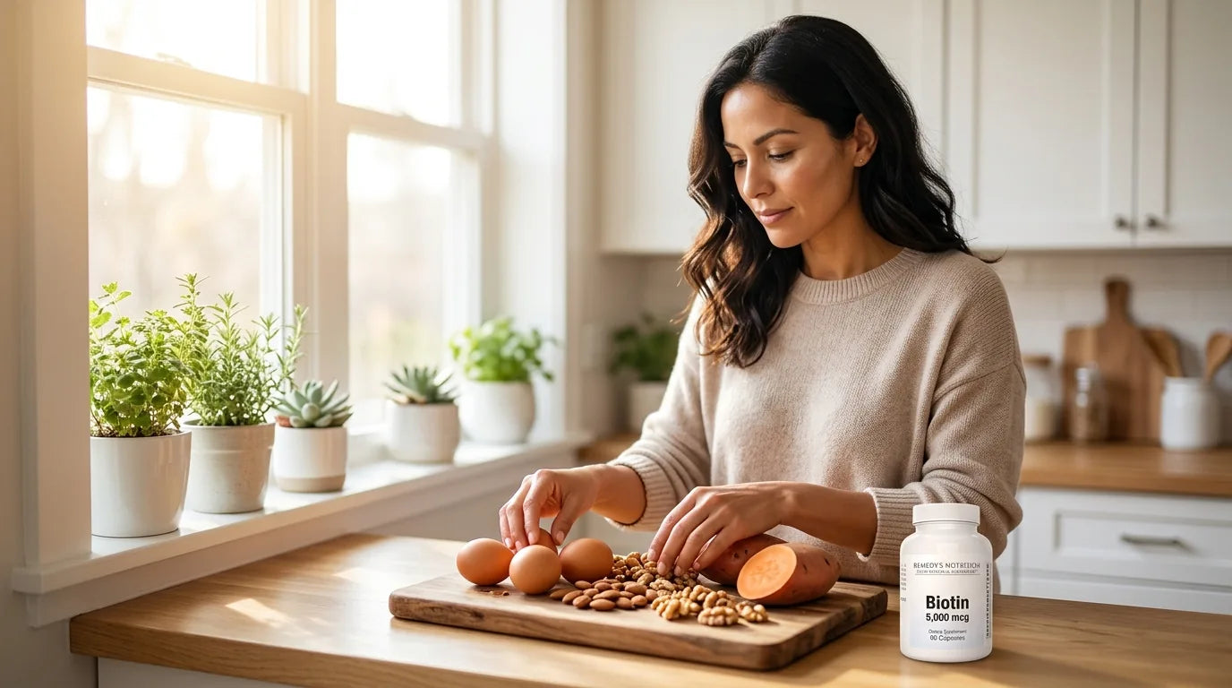 Health-aware woman preparing biotin-rich foods