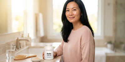Woman with healthy hair and biotin plus collagen supplements
