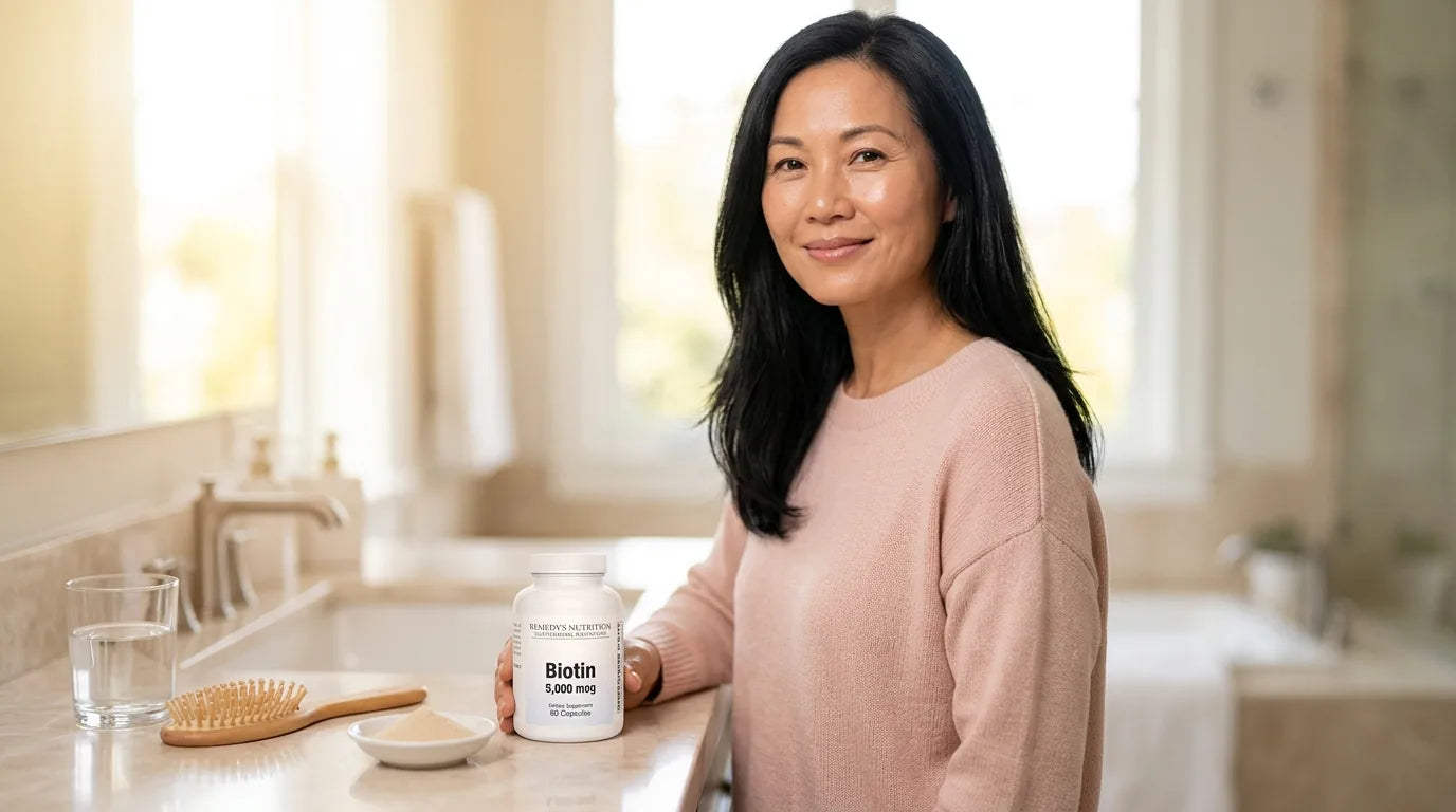 Woman with healthy hair and biotin plus collagen supplements