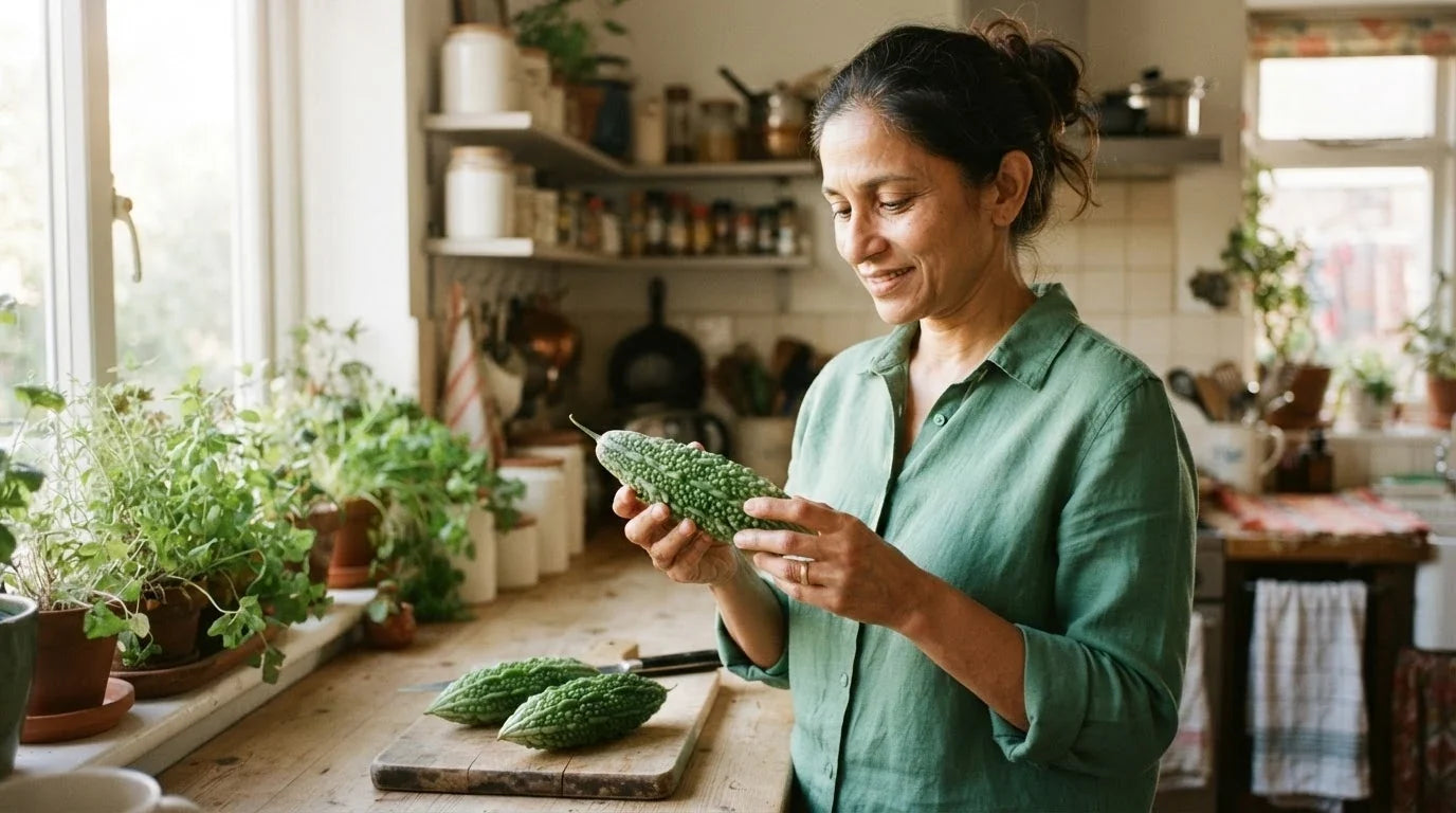A woman holding a whole ridged green bitter melon in a sunlit kitchen