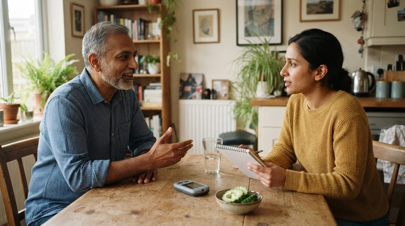 Two adults talking across a kitchen table with a glucose meter and sliced bitter melon