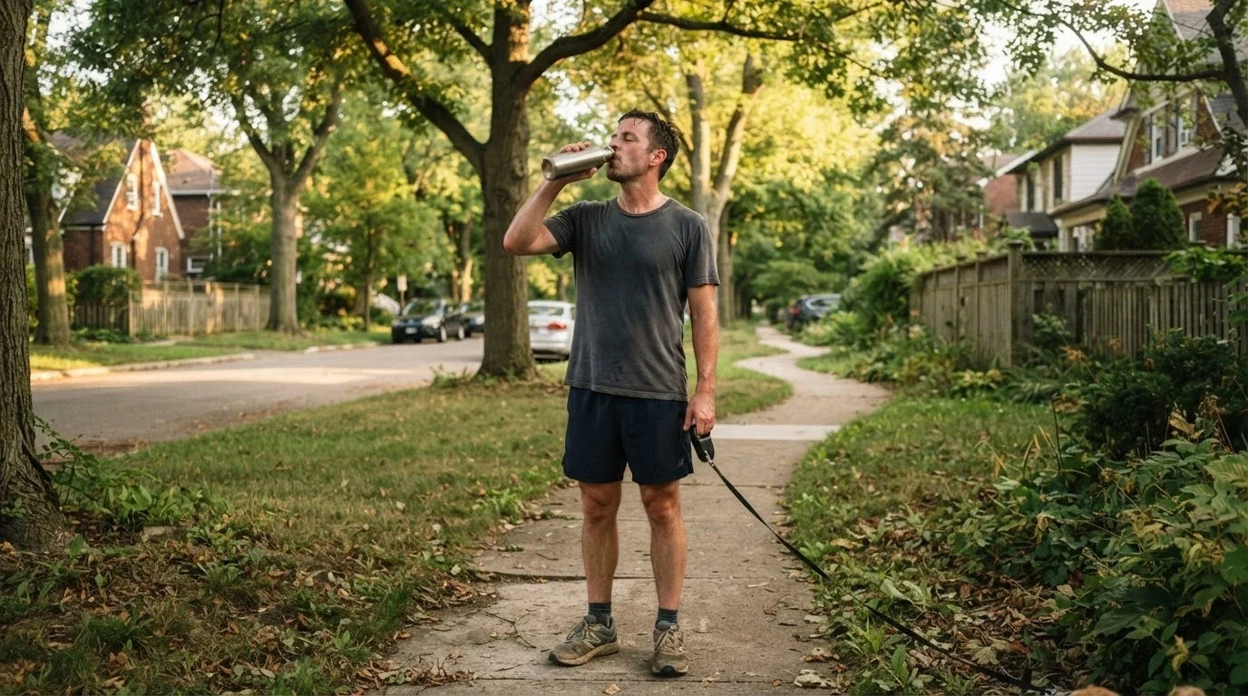 An ordinary man drinking water on a tree-lined path after a walk