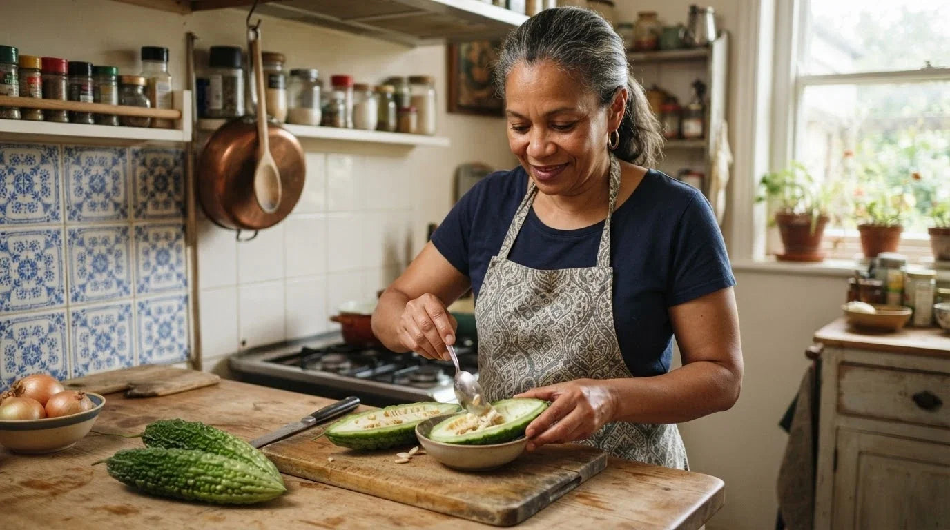 A woman scooping the pith from a halved bitter melon at her kitchen counter