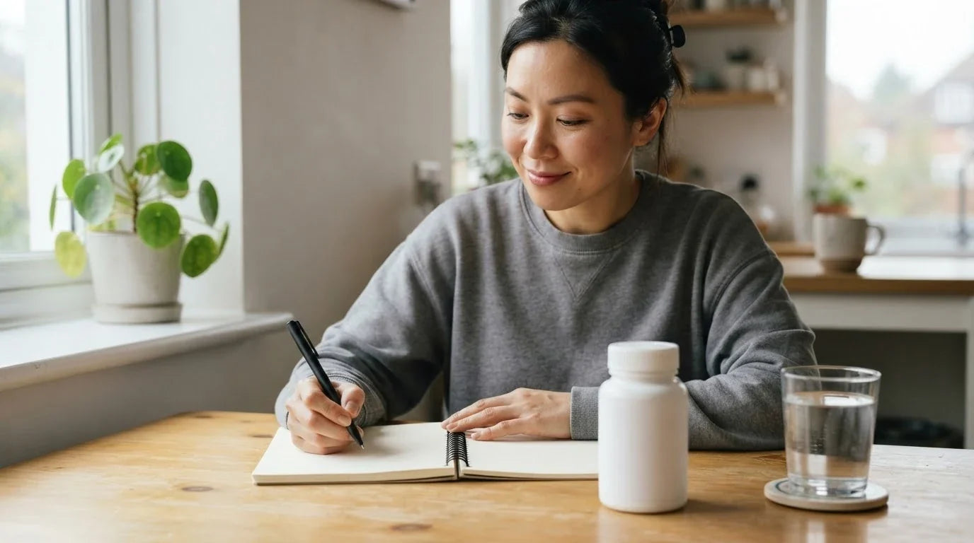 A woman at a kitchen table with a supplement bottle, water and a blank notebook