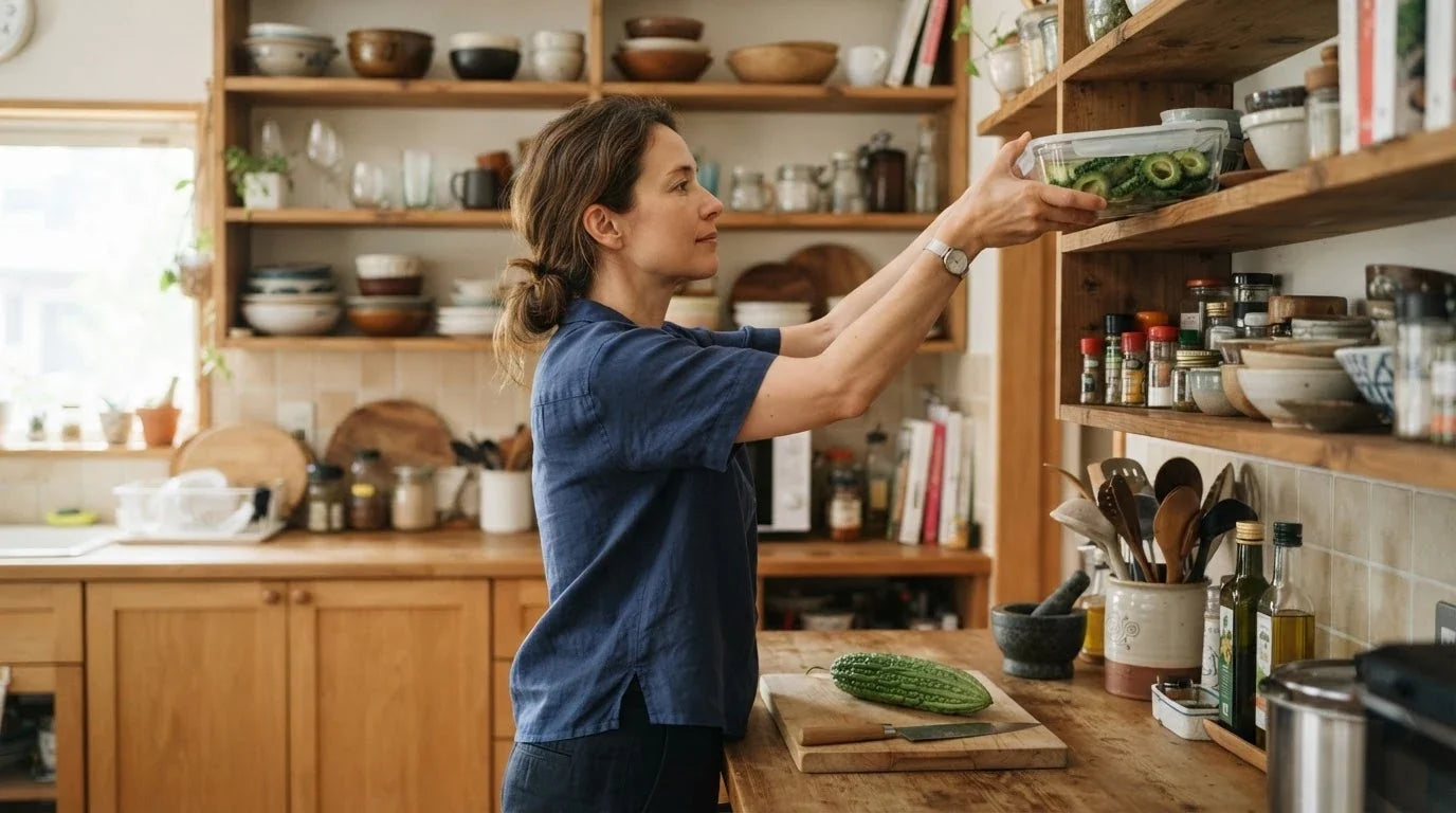 A woman placing a lidded container of cut bitter melon on a high kitchen shelf