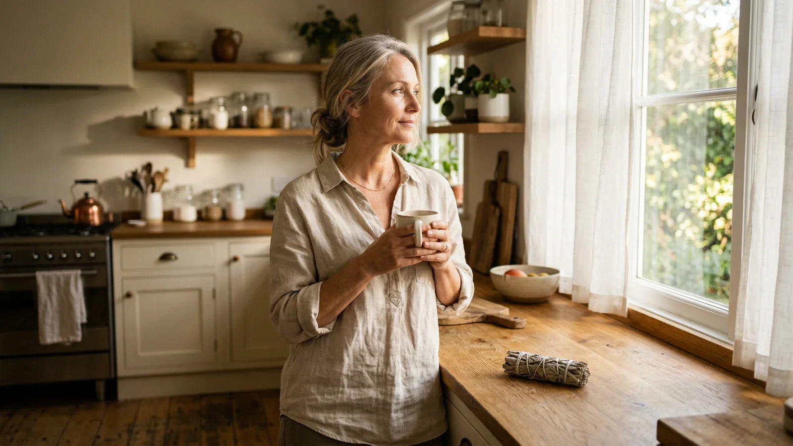 Femme d'une cinquantaine d'années souriant sereinement dans la douce lumière du matin — bienfaits de l'actée à grappes noires pour les femmes