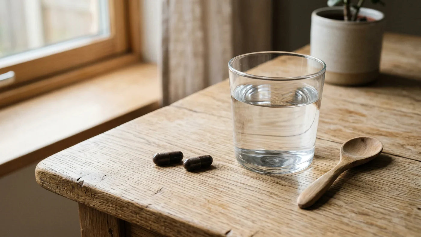 Two capsules placed neatly beside a glass of water on a wooden surface — black cohosh dosage