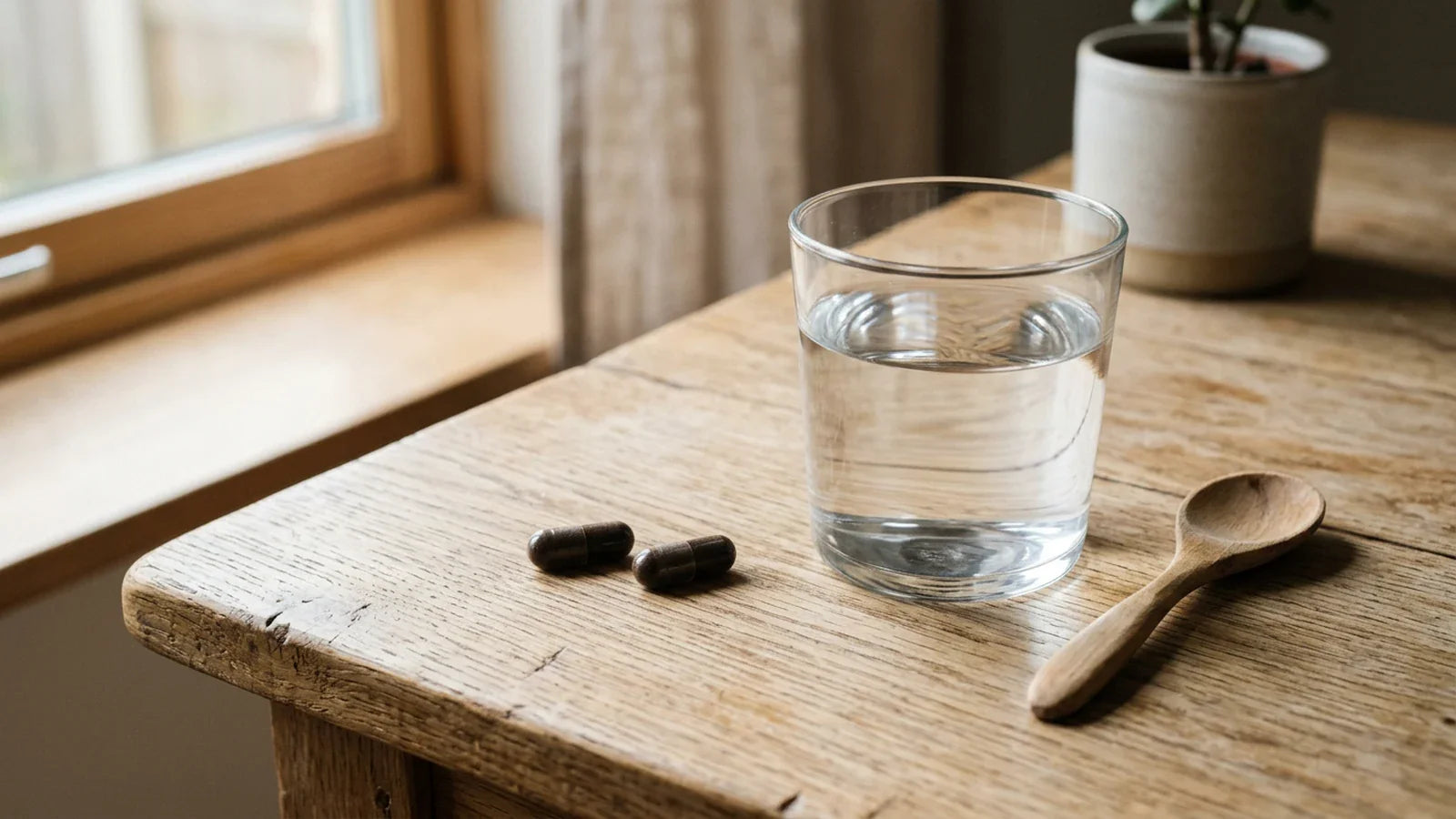 Two capsules placed neatly beside a glass of water on a wooden surface — black cohosh dosage