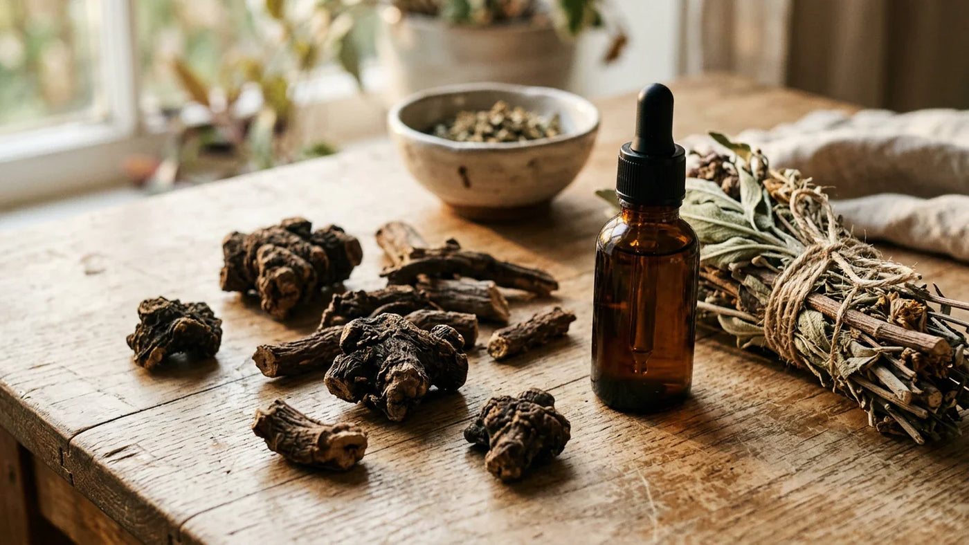 Dried black cohosh root pieces and herbal tincture bottle on a wooden surface — complete guide
