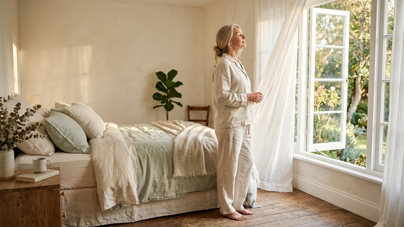 Woman in her 50s in a calm bedroom by an open window with cool morning breeze — menopause relief