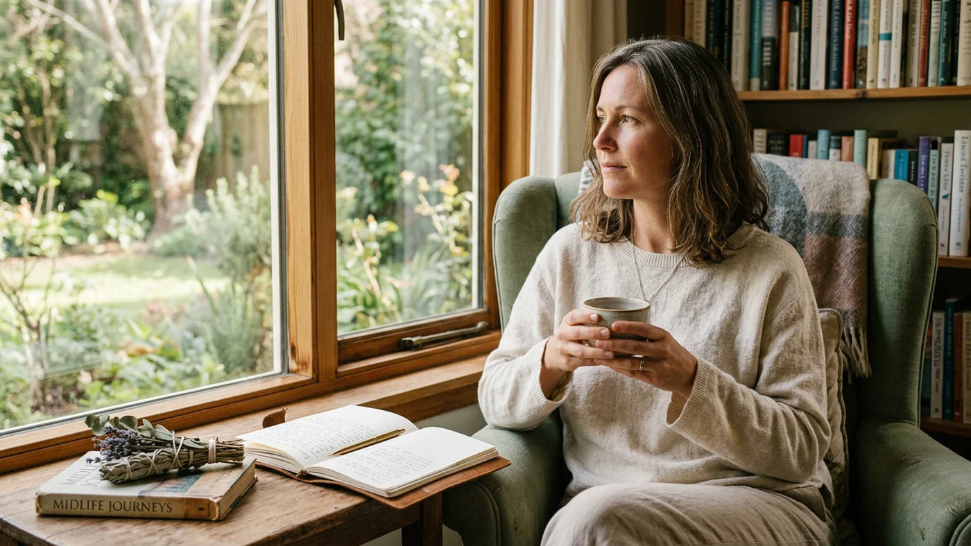 Woman in her early 40s sitting calmly with a cup of herbal tea — perimenopause wellness