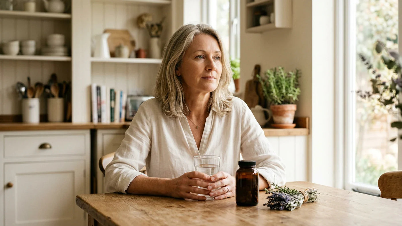 Woman in her 50s sitting thoughtfully with a glass of water and supplement bottle — safety consideration