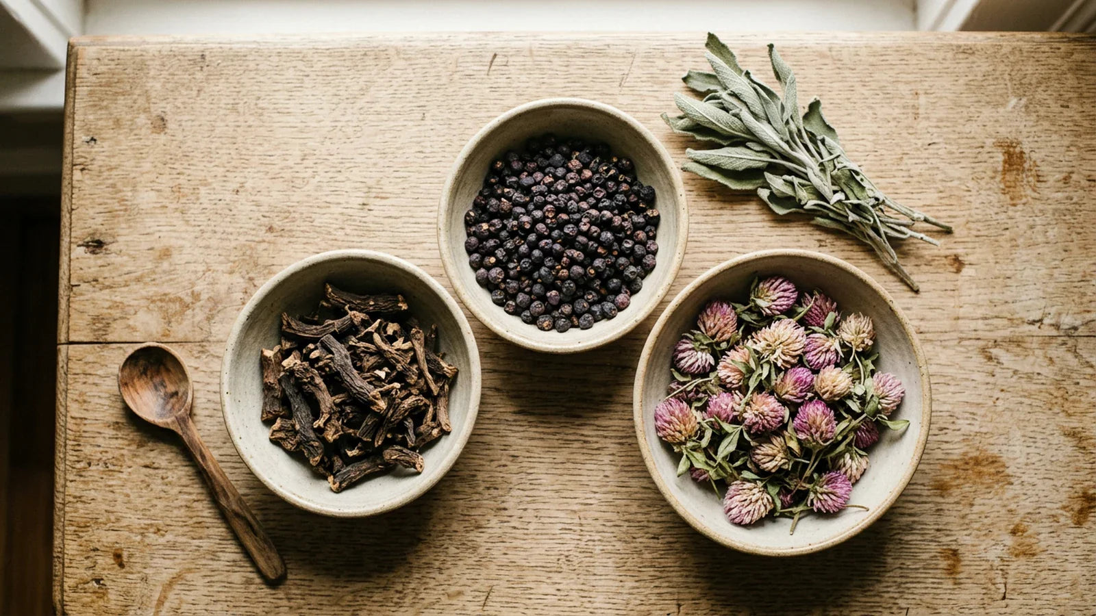 Three small bowls of different dried herbs on a wooden surface — herbal comparison