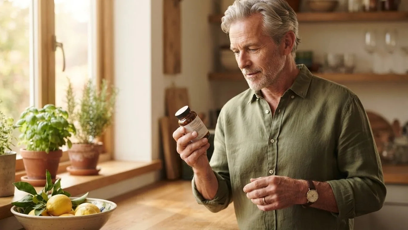 Man in his sixties reading a supplement bottle by a kitchen window