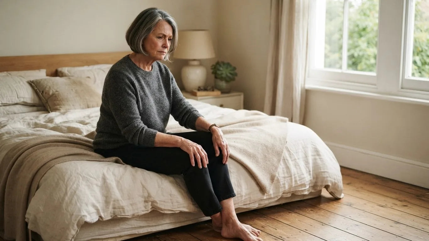 Woman rubbing her knee while sitting on the edge of a bed