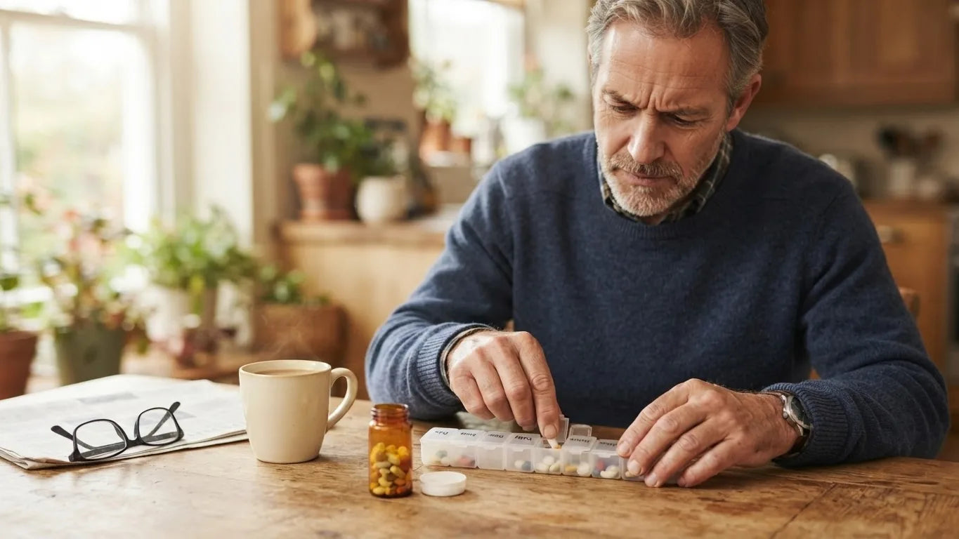 Man filling a weekly pill organizer at a kitchen table