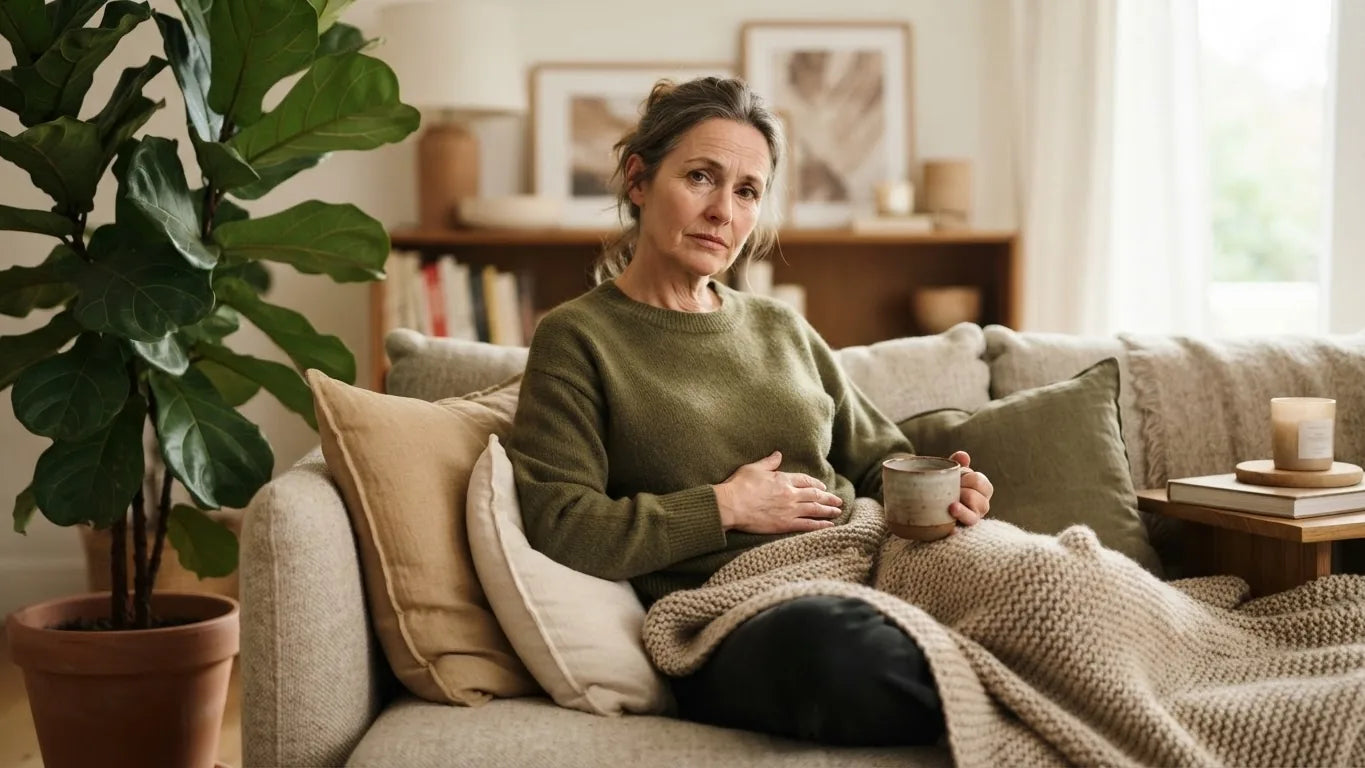 Woman sitting on a sofa with a hand on her stomach