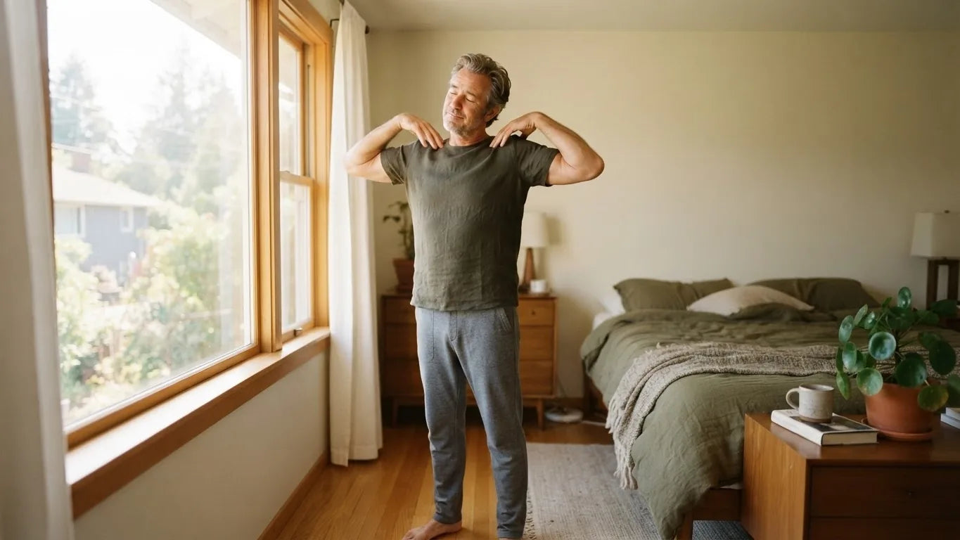 Man stretching his shoulders by a window in the morning