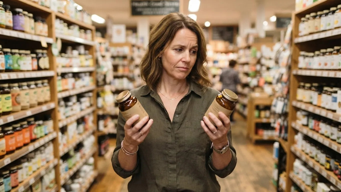 Shopper comparing two supplement bottles in a store aisle