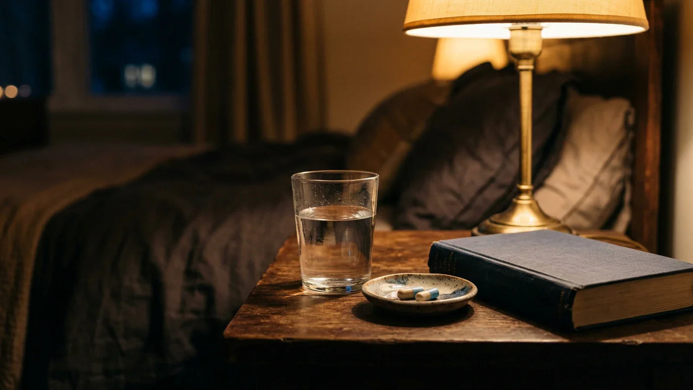 Un verre d'eau avec des capsules sur la table de nuit — pour soulager les envies d'uriner la nuit