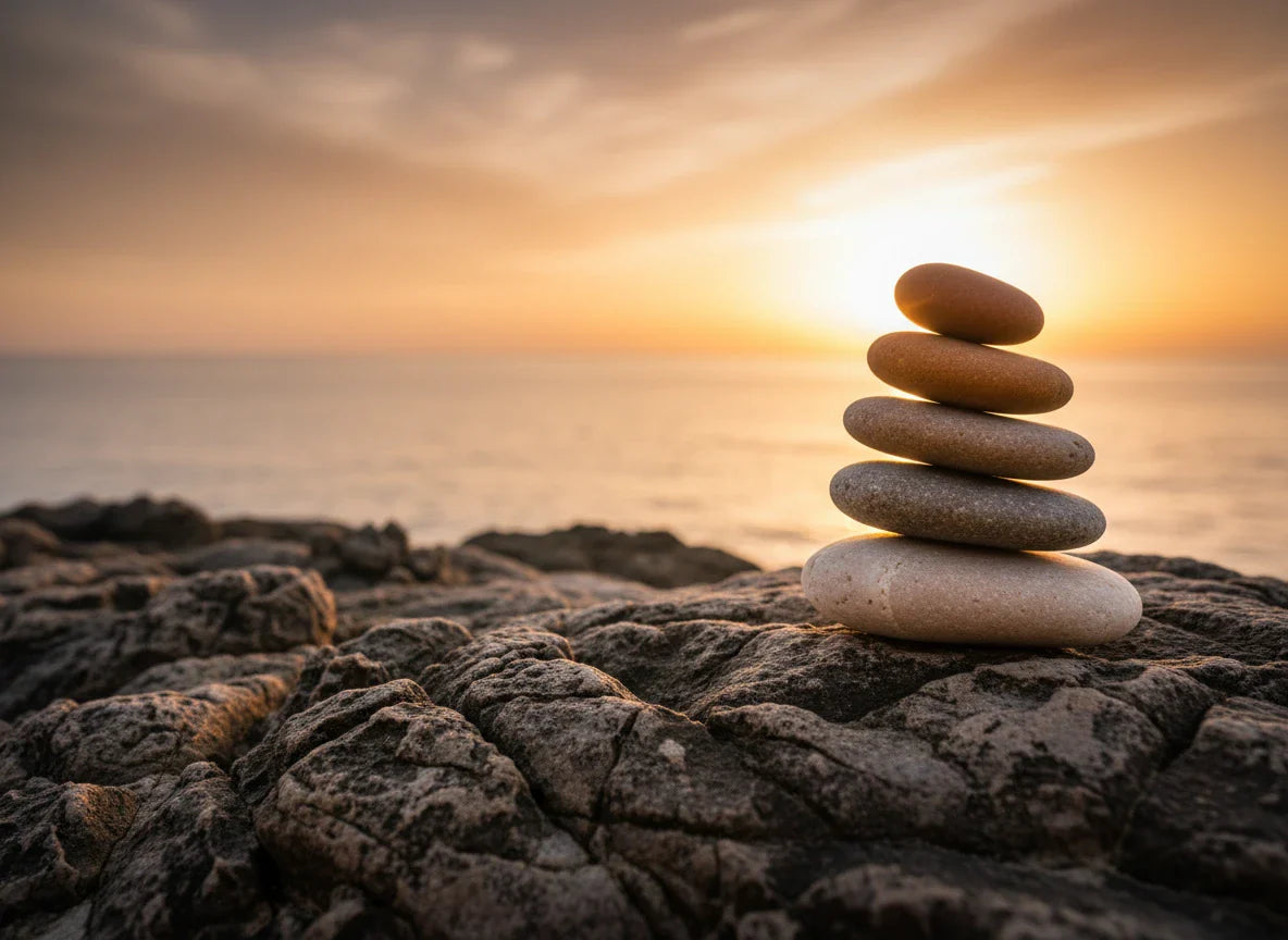 Balanced pebble cairn on a rocky outcrop by the ocean, bathed in golden hour light, representing the calm focus of breathing exercises for adrenal fatigue.