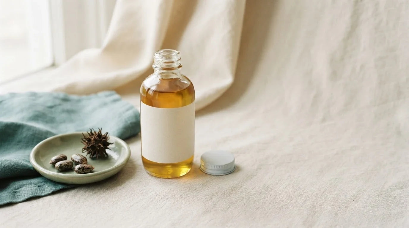 Clear 4 oz bottle of golden castor oil beside a dish of mottled castor beans and a dried seed pod