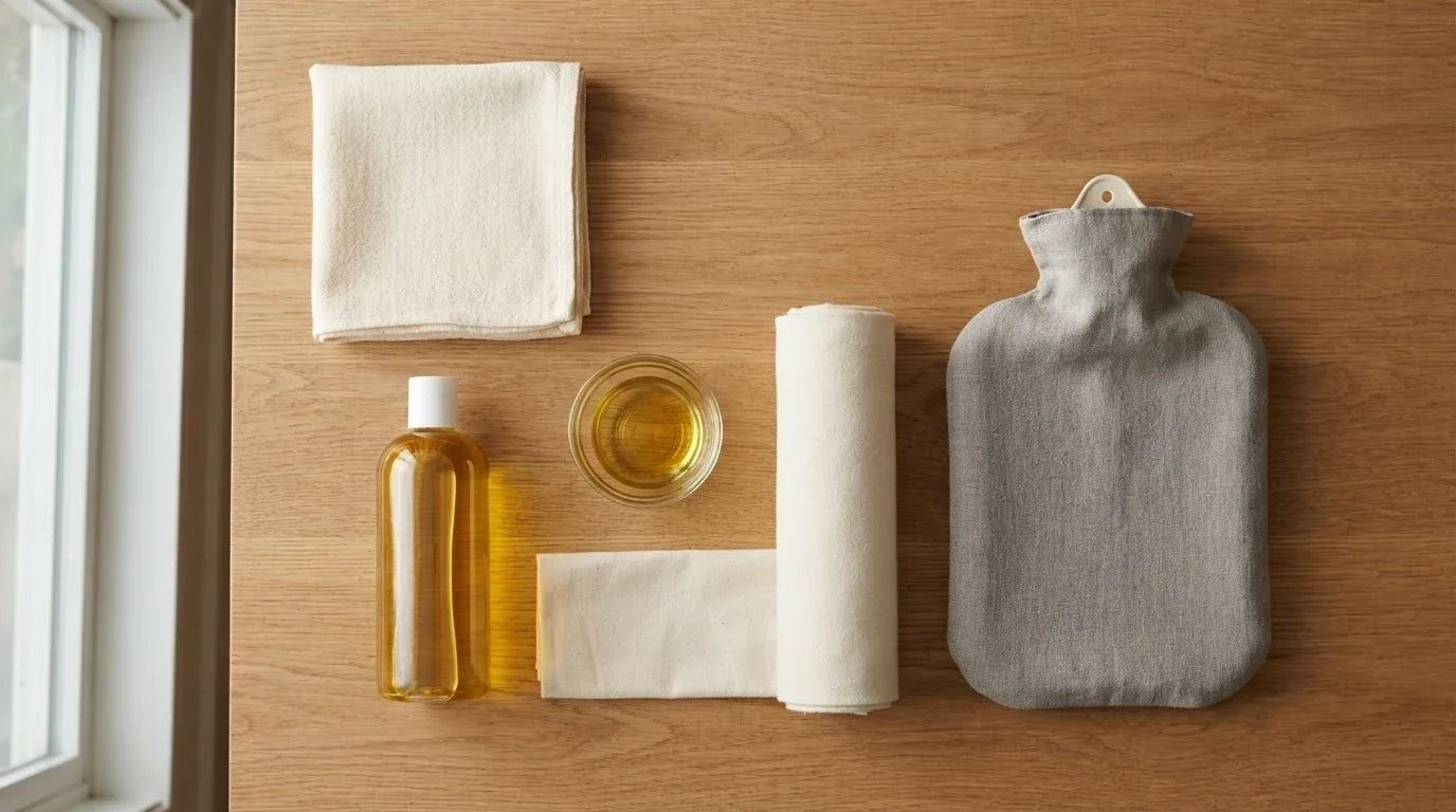 Flat lay of a castor oil pack kit: flannel cloth, oil bottle, glass bowl, wrap and hot water bottle