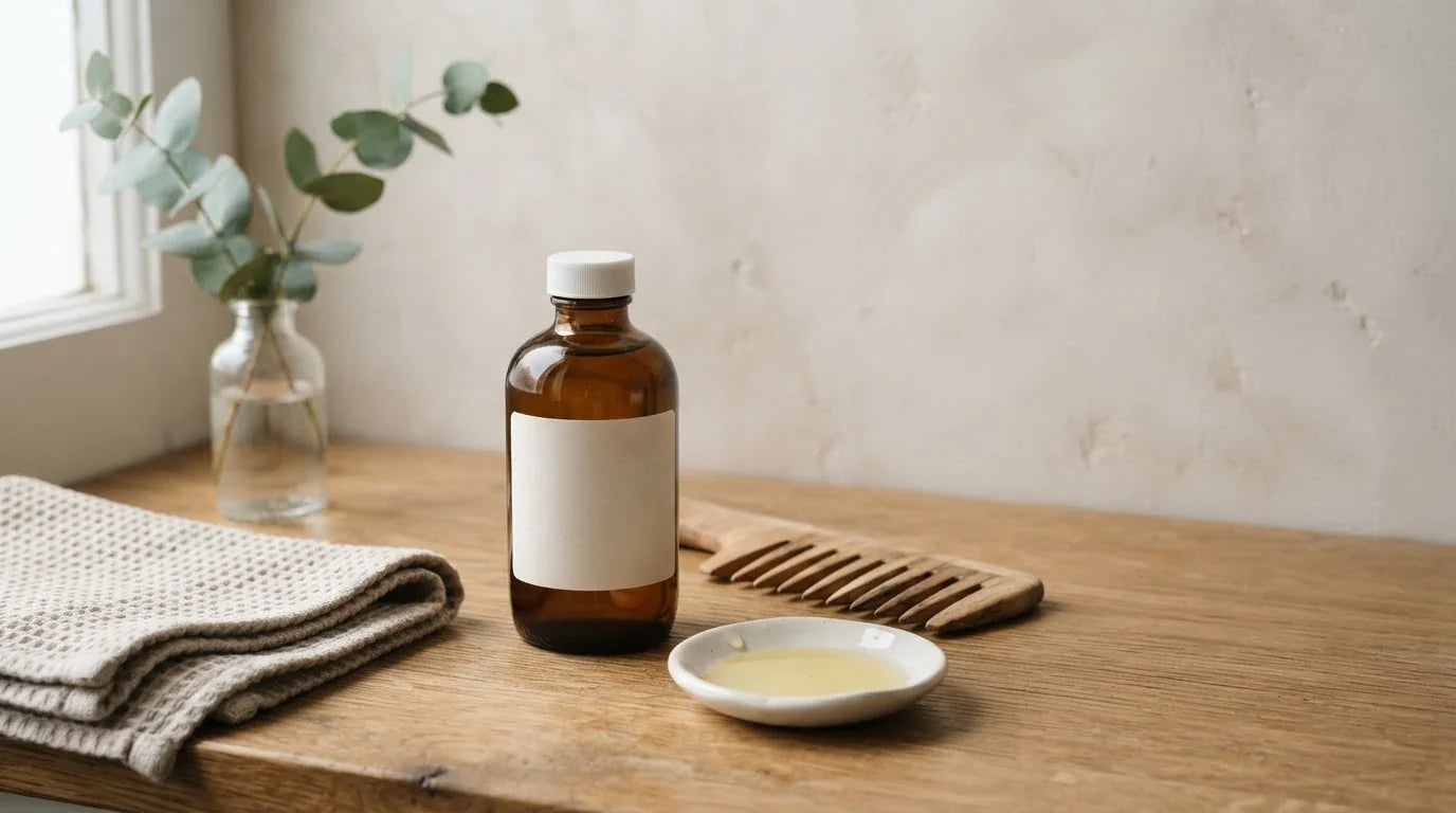 Bottle of castor oil with a wide-tooth wooden comb and folded towel on a bathroom counter