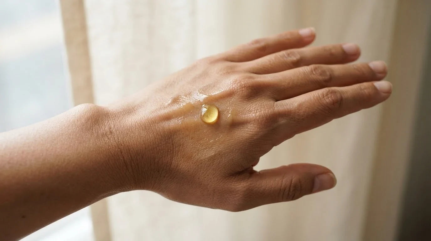 A single golden drop of castor oil resting on the back of a hand in soft daylight