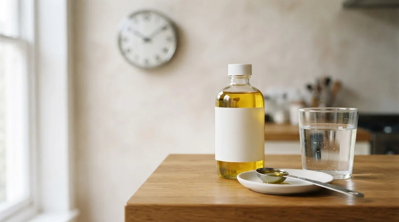 Measuring spoon of castor oil and a glass of water on a kitchen counter with a clock behind