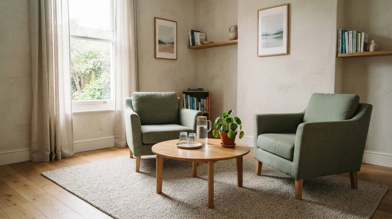 Empty consultation room with two chairs, a water jug and a plant in soft daylight
