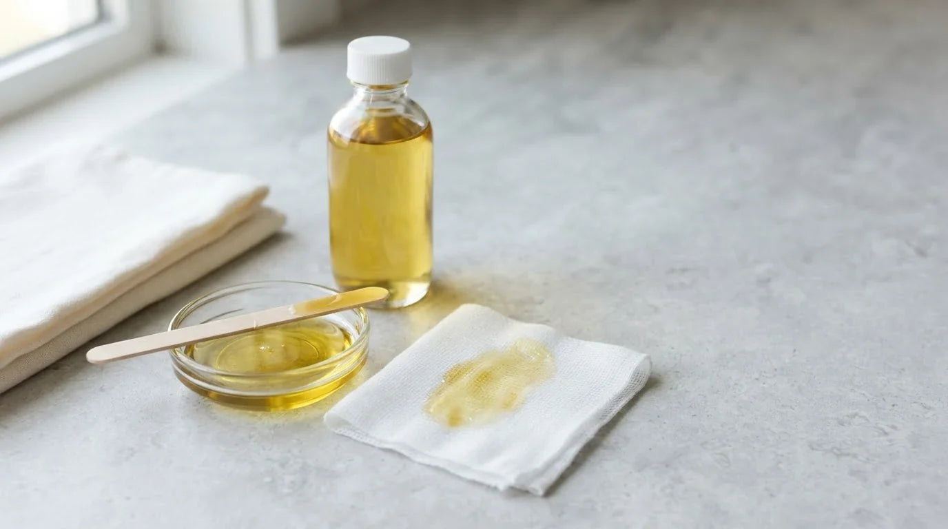 Small dish of castor oil with a cotton round and a closed bottle on a grey stone counter