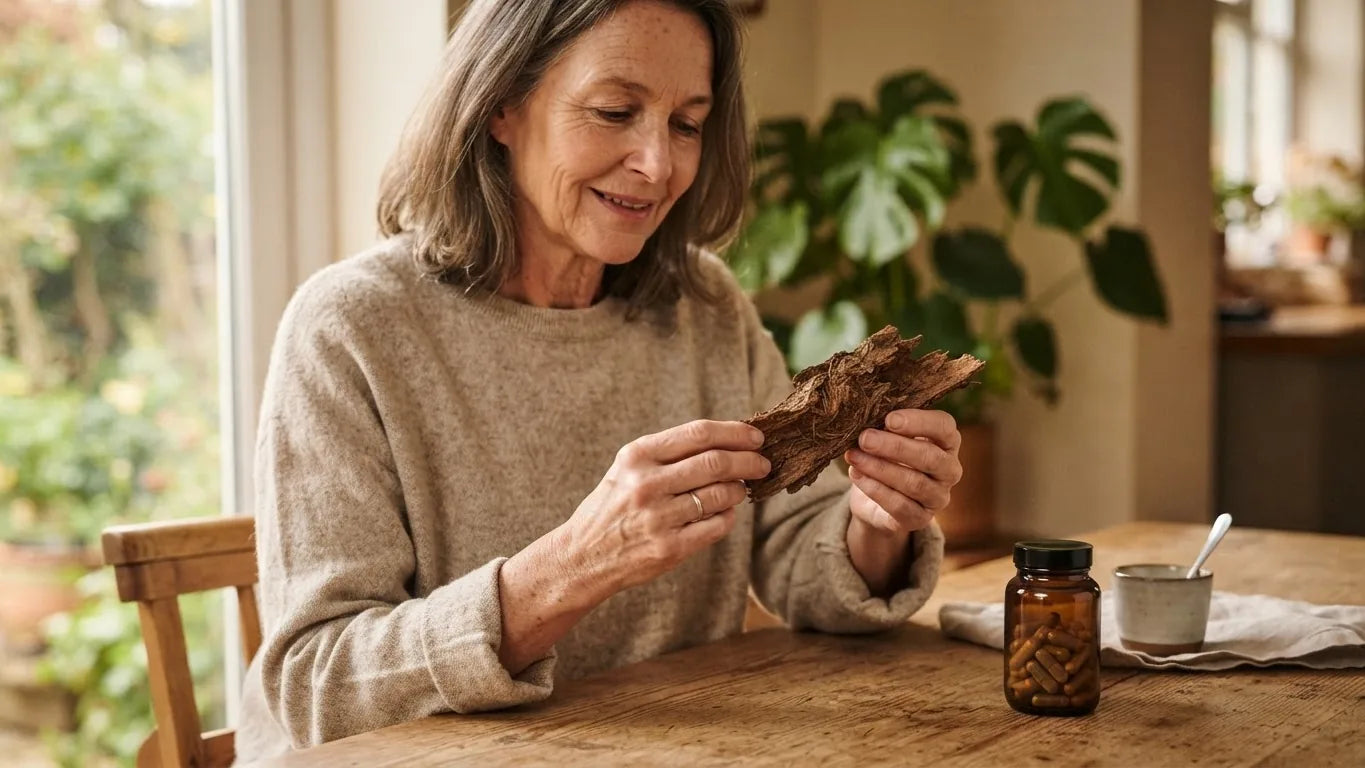 Woman examining dried bark pieces at a kitchen table