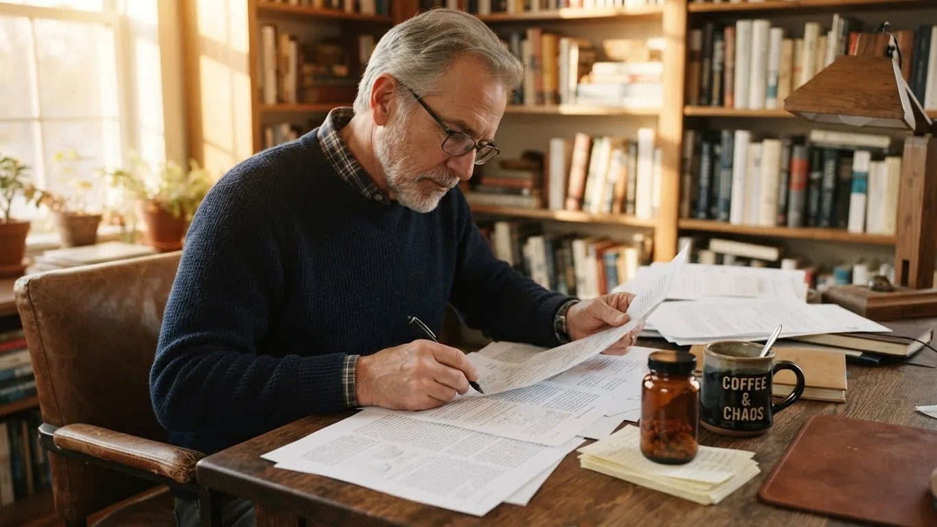 Man reading printed studies with coffee at a desk