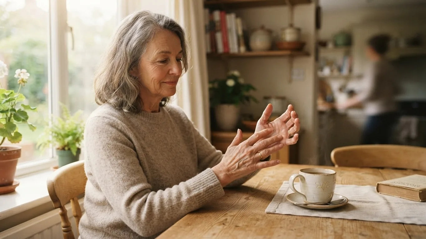 Woman flexing stiff hands at a kitchen table in the morning