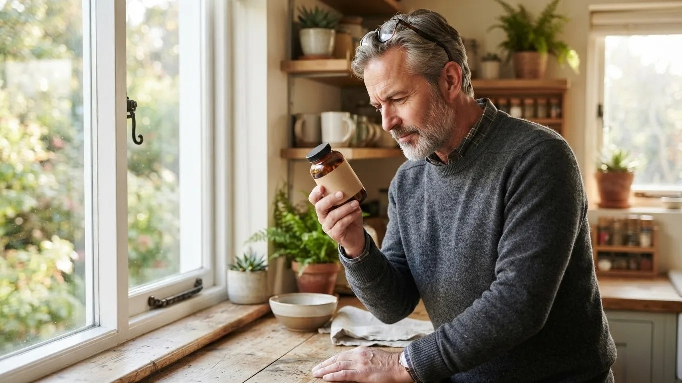 Man reading a supplement label carefully in his kitchen