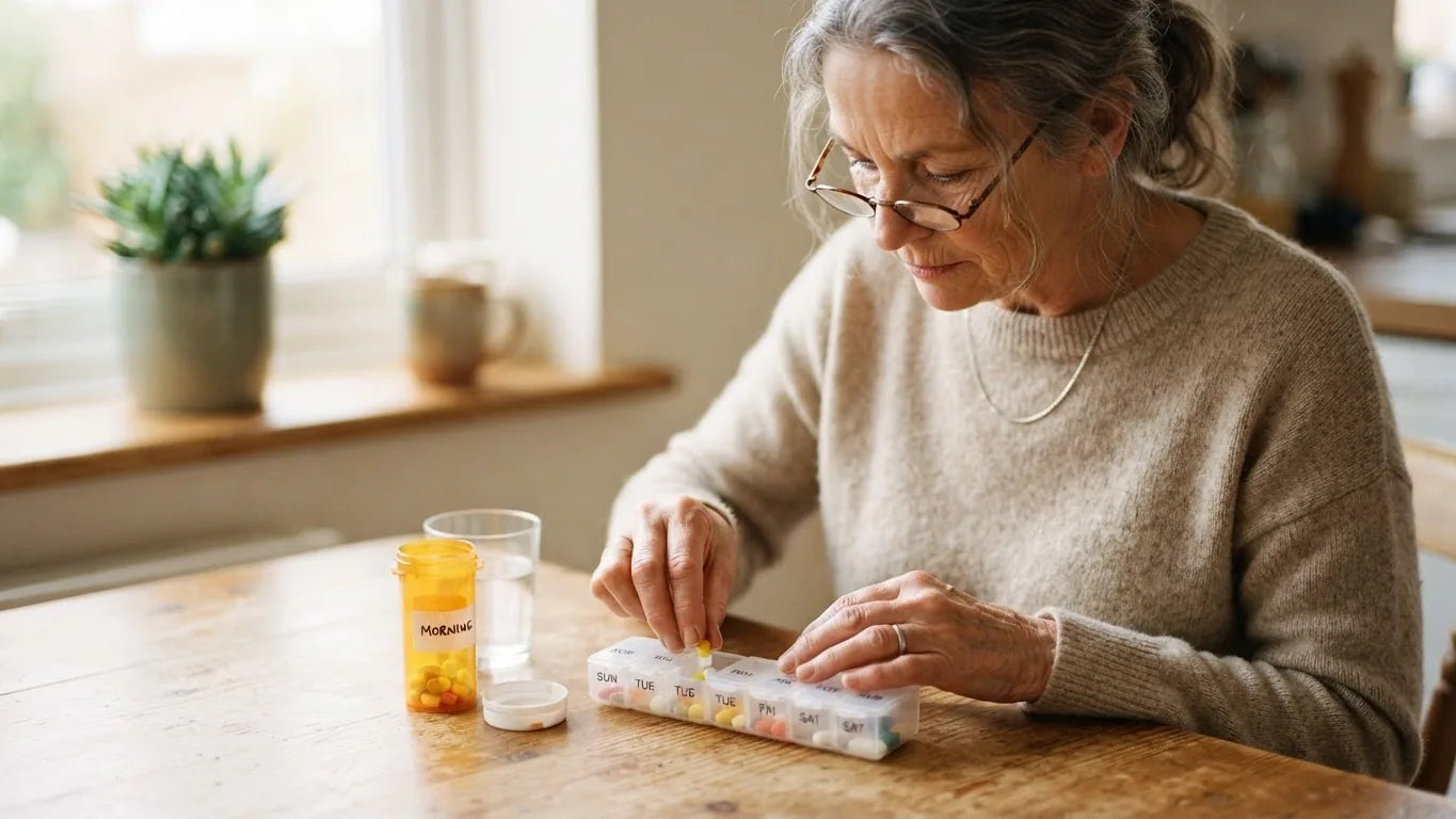 Woman filling a weekly pill organizer at a sunny table