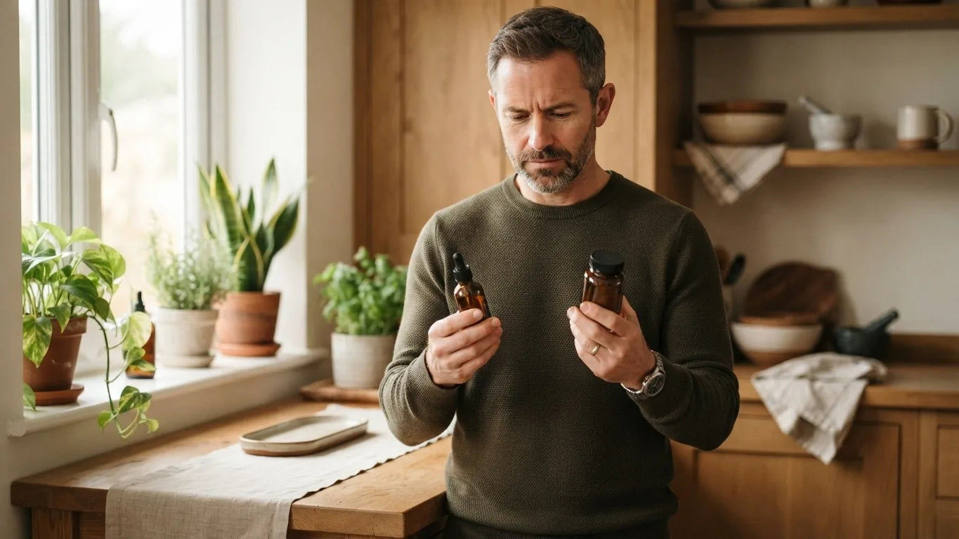 Person holding a dropper bottle and a capsule bottle side by side