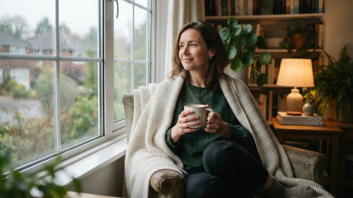 Woman drinking tea by a window on a grey day