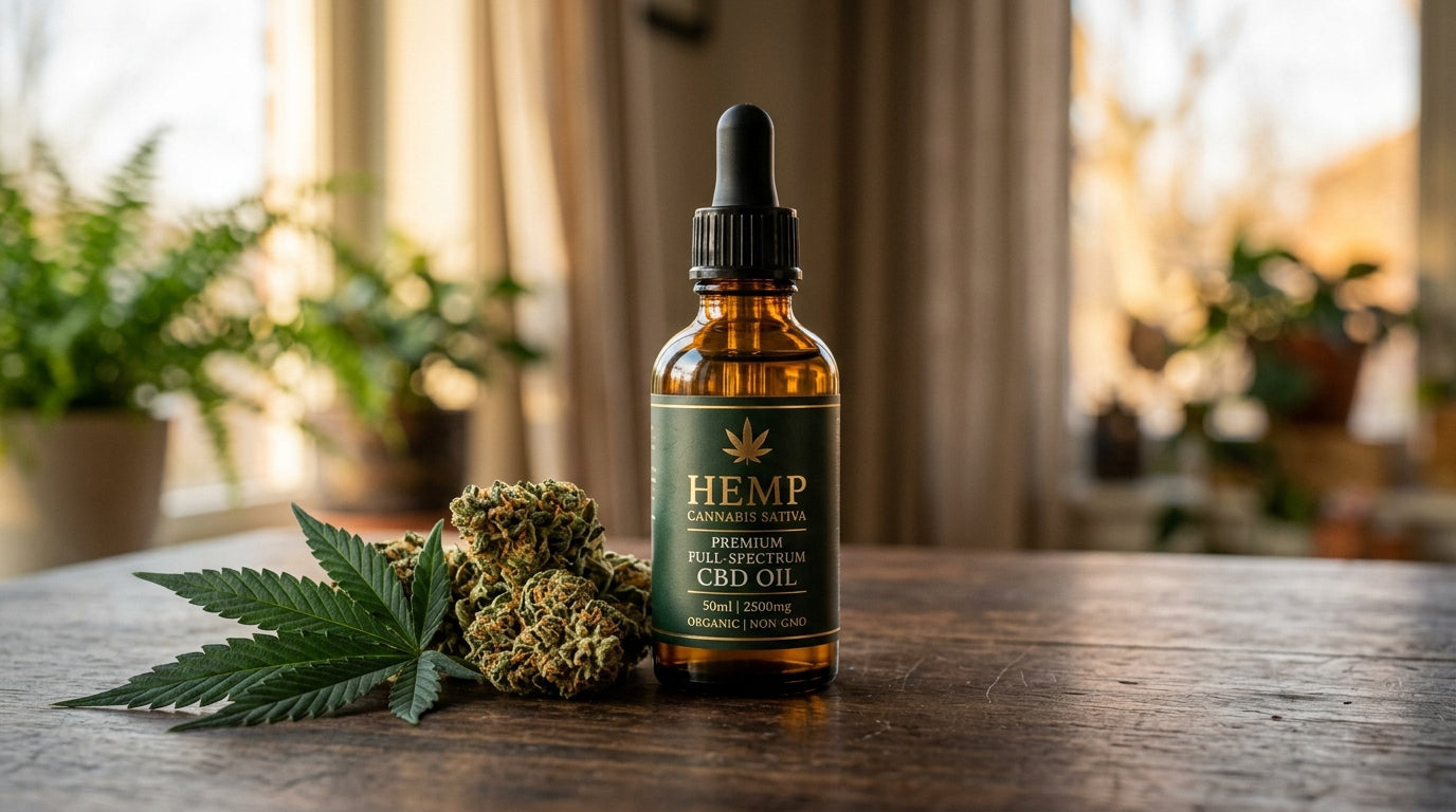 Dark amber full spectrum CBD tincture dropper bottle with hemp leaf and botanical on dark wood