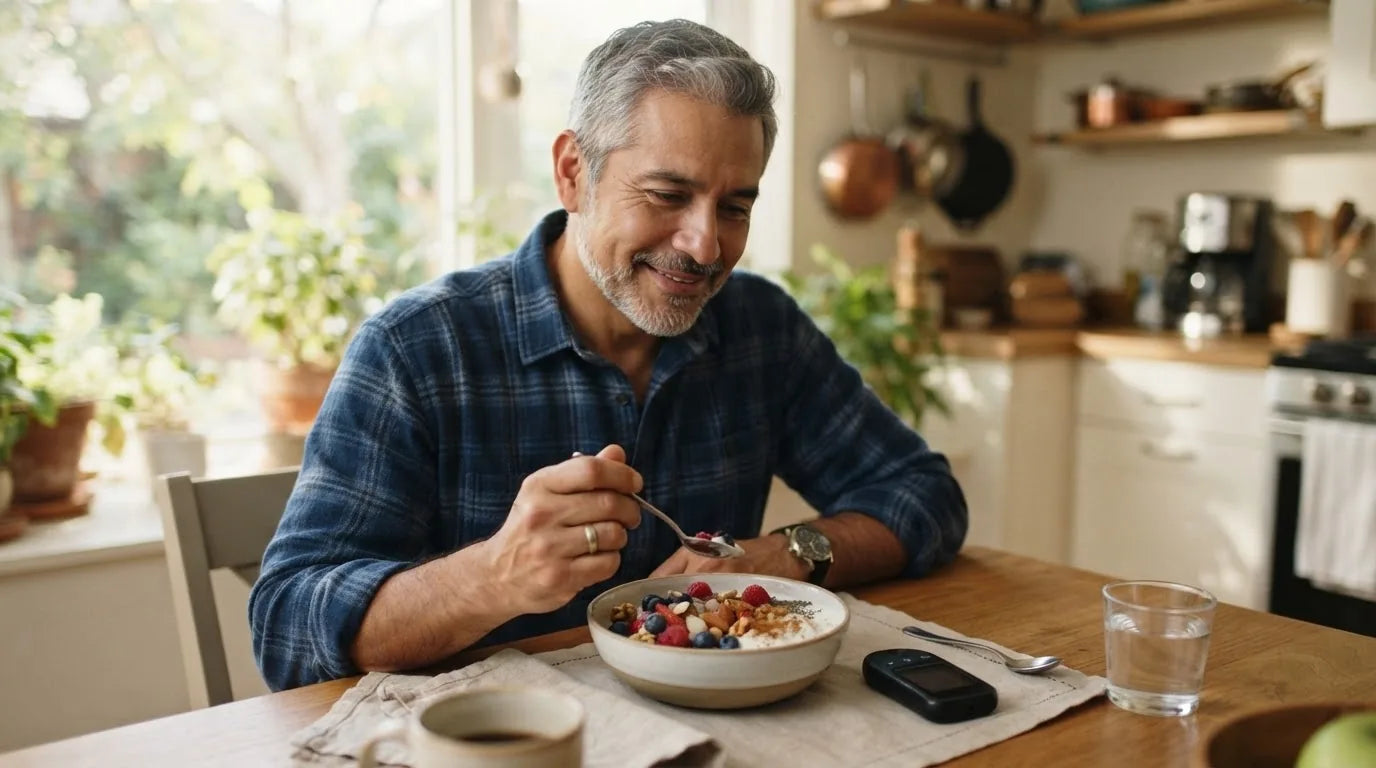 Ceylon cinnamon capsules beside a glucose meter for blood sugar support